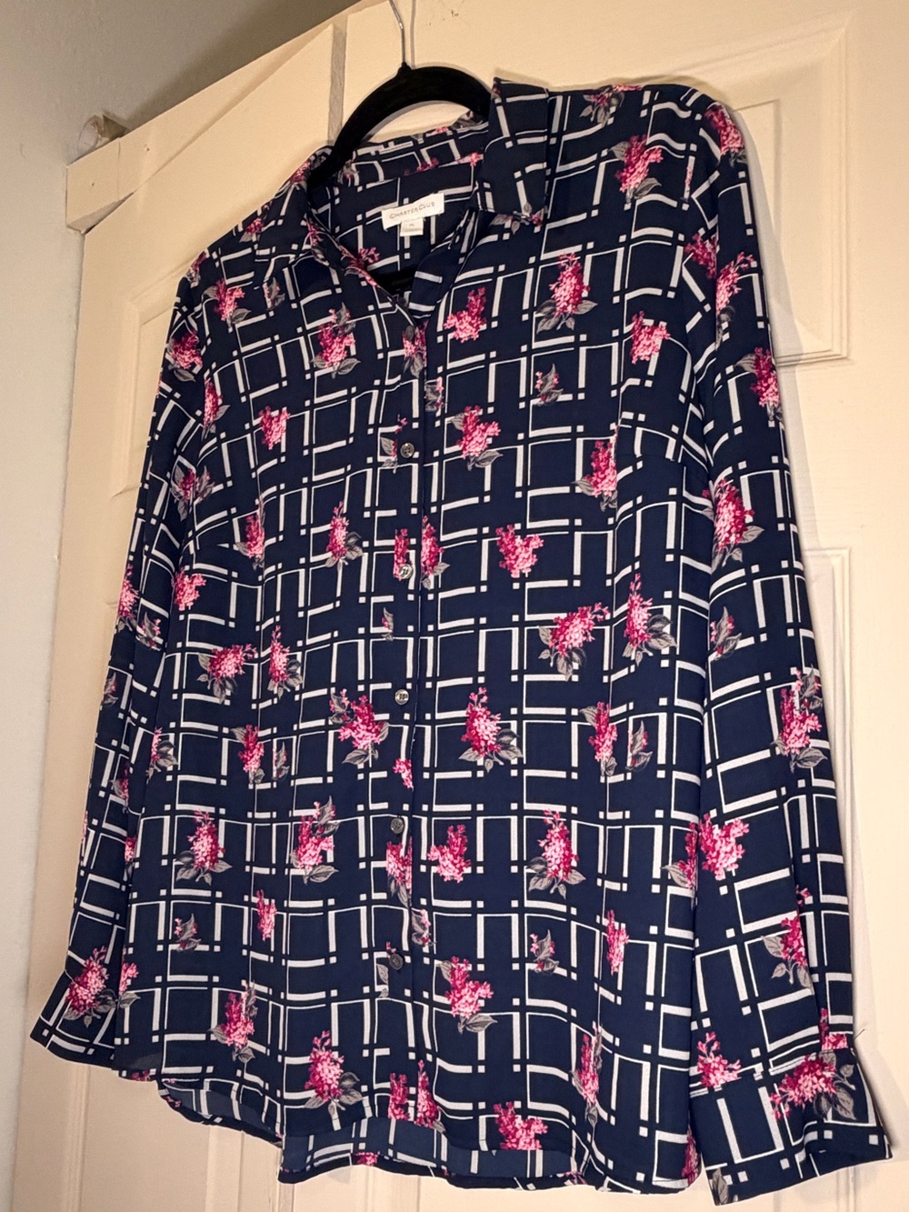 Charter Club Navy Grid Top with Pink Floral Detail